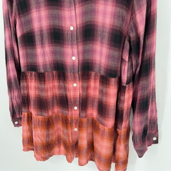 J. Jill Top Women’s Ombré Pink Orange Flannel Plaid Button Up Long Sleeves Tunic - Picture 3 of 10